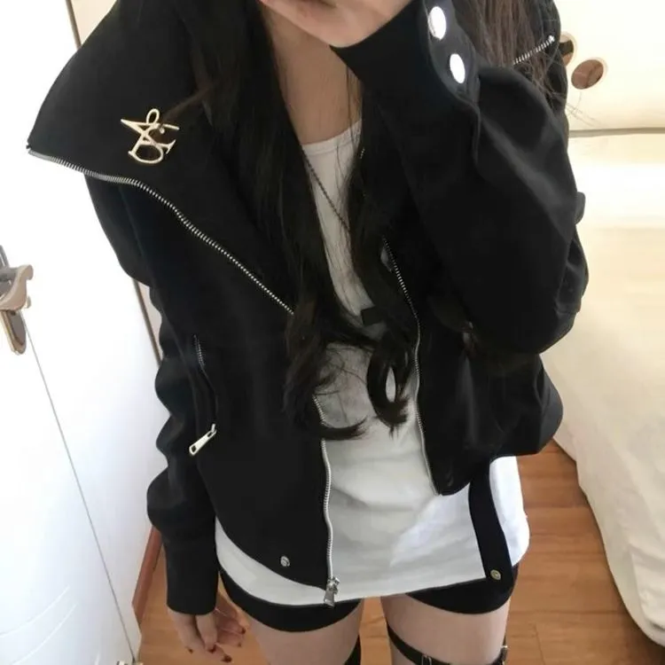 美式复古小个子黑色翻领外套女春秋新款设计感宽松百搭短款夹克潮