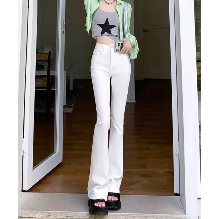 美式白色微喇牛仔裤女2025年夏季薄款高腰弹力修身包臀拖地喇叭裤