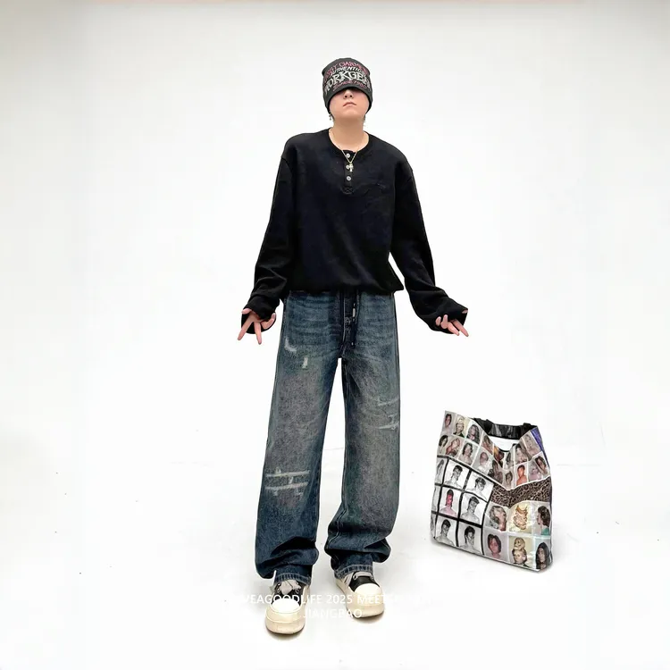 WHERETORUN弯刀牛仔裤男款秋冬水洗做旧潮流美式高街宽松阔腿破洞