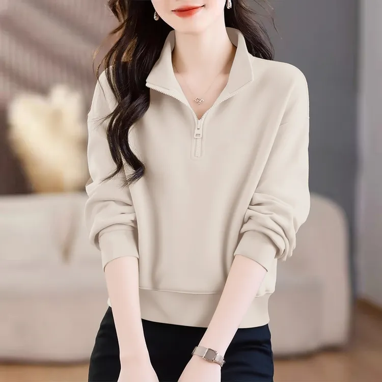 纯棉100%立领时尚洋气卫衣气质休闲半拉链polo女大码气质显瘦上衣