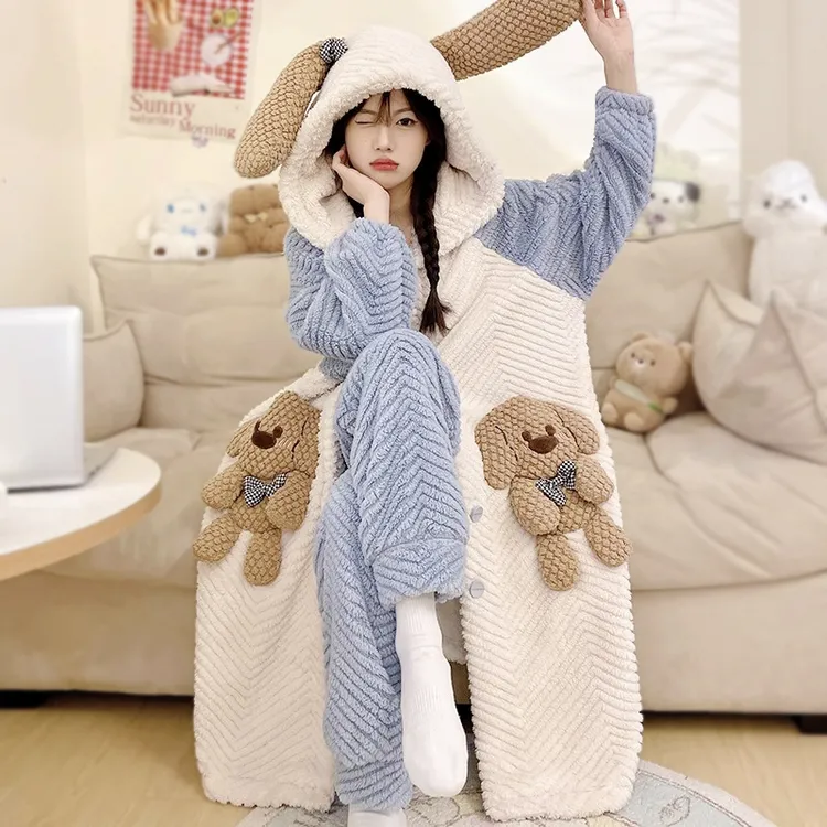 【一整套】睡袍女秋冬珊瑚绒加绒加厚卡通连帽新款睡衣.柠檬专享