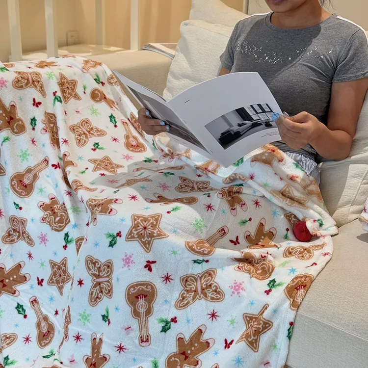 （圣诞风珊瑚绒毛毯）秋冬氛围感趣味印花舒适柔软家居盖毯D