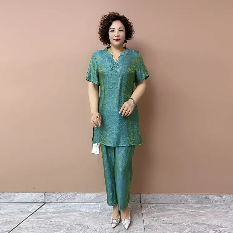 619国风妈妈珠光缎变色两件套夏新款大码中长款短袖上衣裤子套装