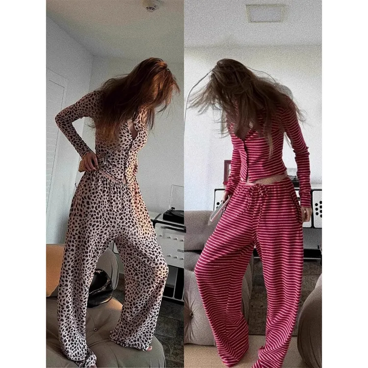 【撞色条纹】韩版纯欲豹纹睡衣套装女春秋季新款可外穿休闲家居服