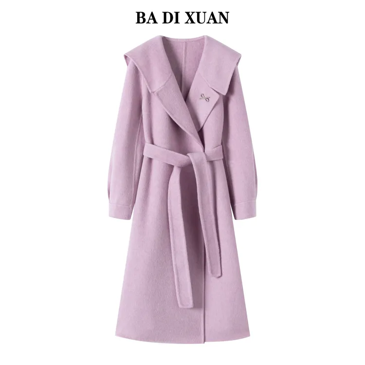 2025新款长款双面羊毛大衣糖果色海军领系腰带秋冬外套8611