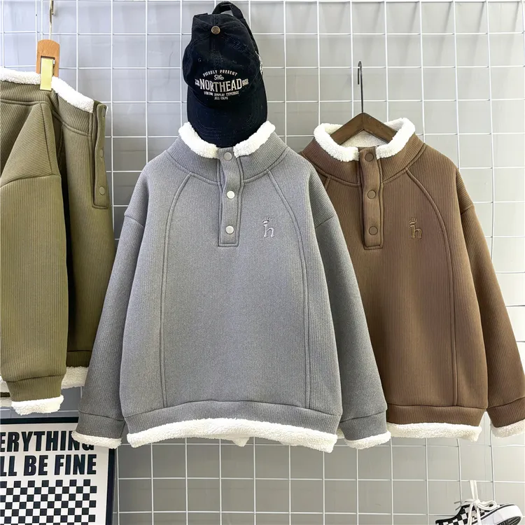 冬季新款男童加绒加厚卫衣时尚百搭上衣韩版中大童上衣高领