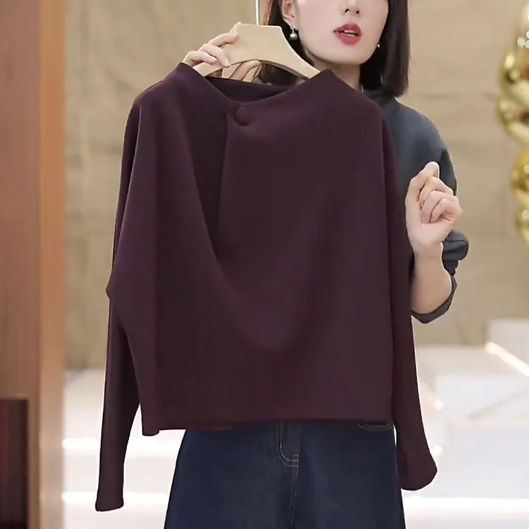 紫色立领长袖打底T恤女2025早秋新款高级感时尚减龄显瘦内搭上衣