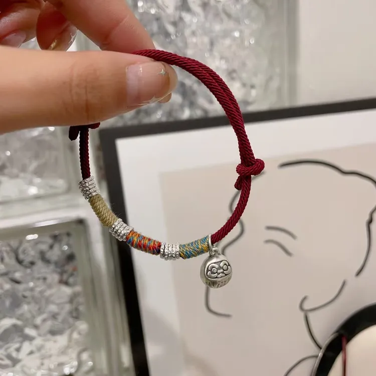 足银布艺手链 足银达摩盘缠情侣百搭红绳手链编织本命年国风手绳
