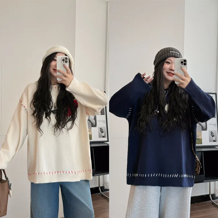 花契"小小爱意"大码女装秋冬宽松200斤胖mm爱心慵懒毛衣13266-H