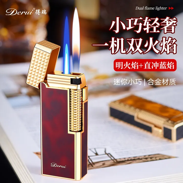 新款创意锌合金窄版侧滑直冲明火双火焰随意切换高档男士礼品