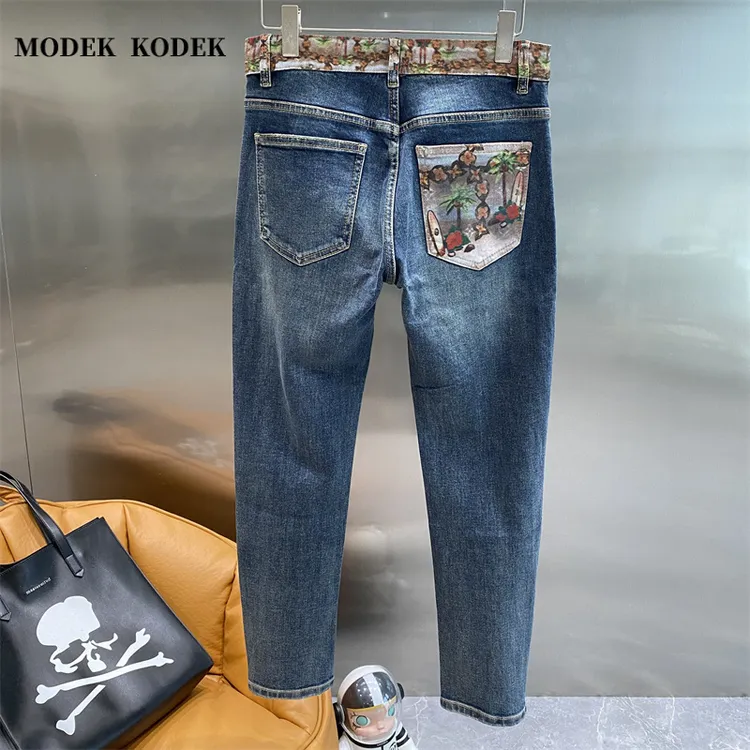 MODEK KODEK高级感潮牌时尚印花牛仔裤男士秋冬新款修身小脚长裤