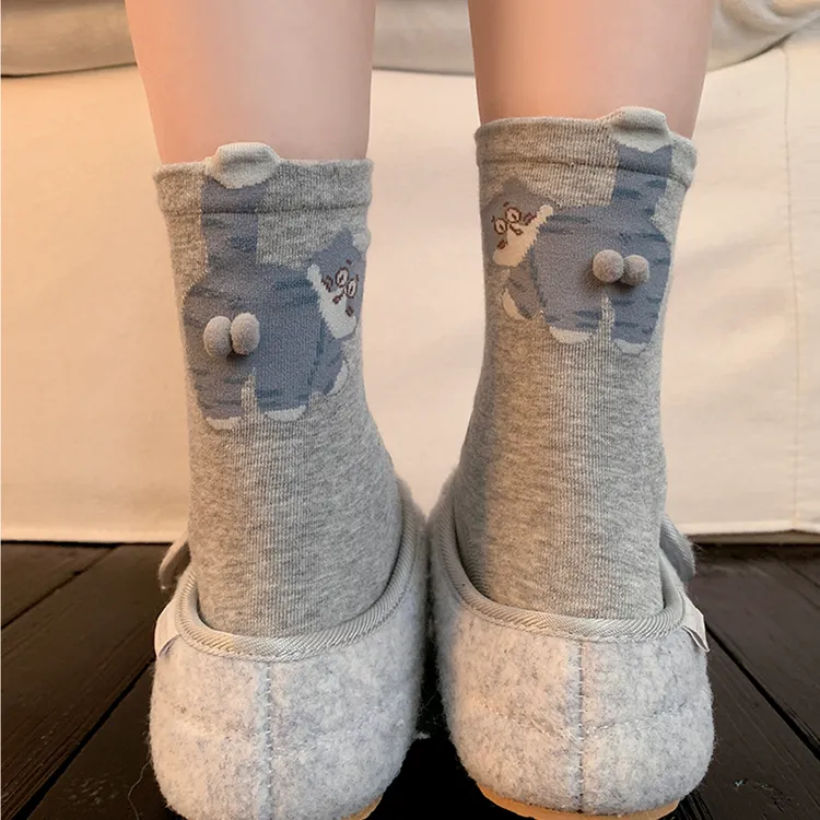 可爱猫咪蛋蛋袜子女士中筒袜春秋款纯棉透气搞怪卡通秋冬灰色长袜
