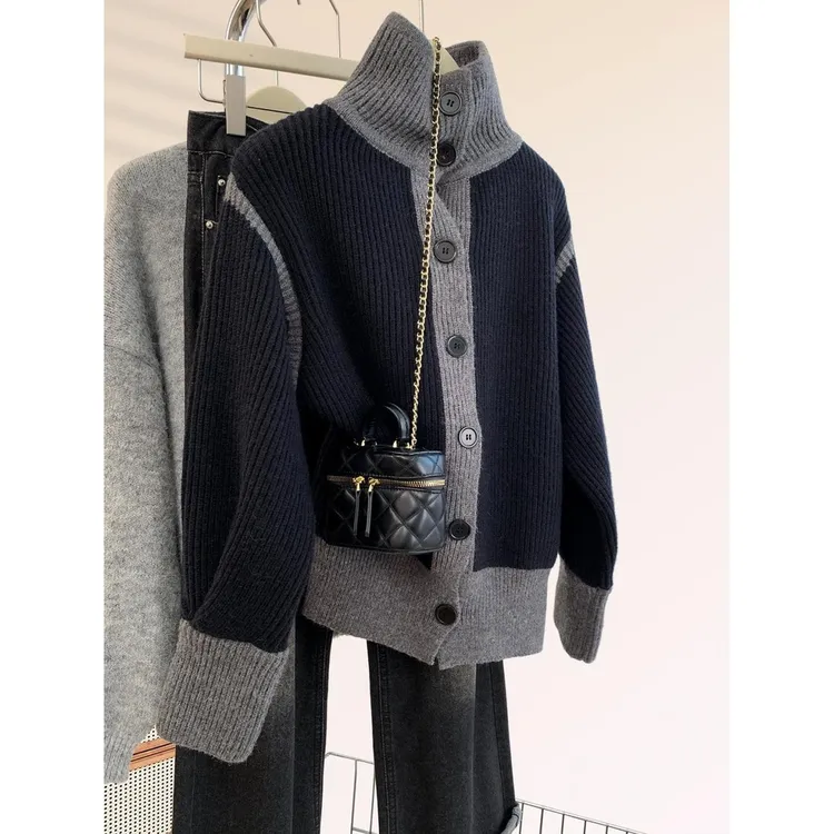 黑色高领毛衣外套女秋冬2025新款时尚慵懒风翻领加厚针织开衫上衣