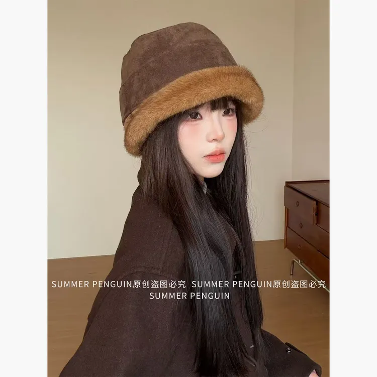SUMMER PENGUIN麂皮绒加厚护耳毛茸茸渔夫帽子女秋冬拍照蒙古帽