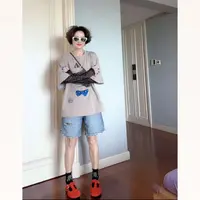 25韩版新款灵动小猫印花设计宽松防嗮袖拼接假两件T恤