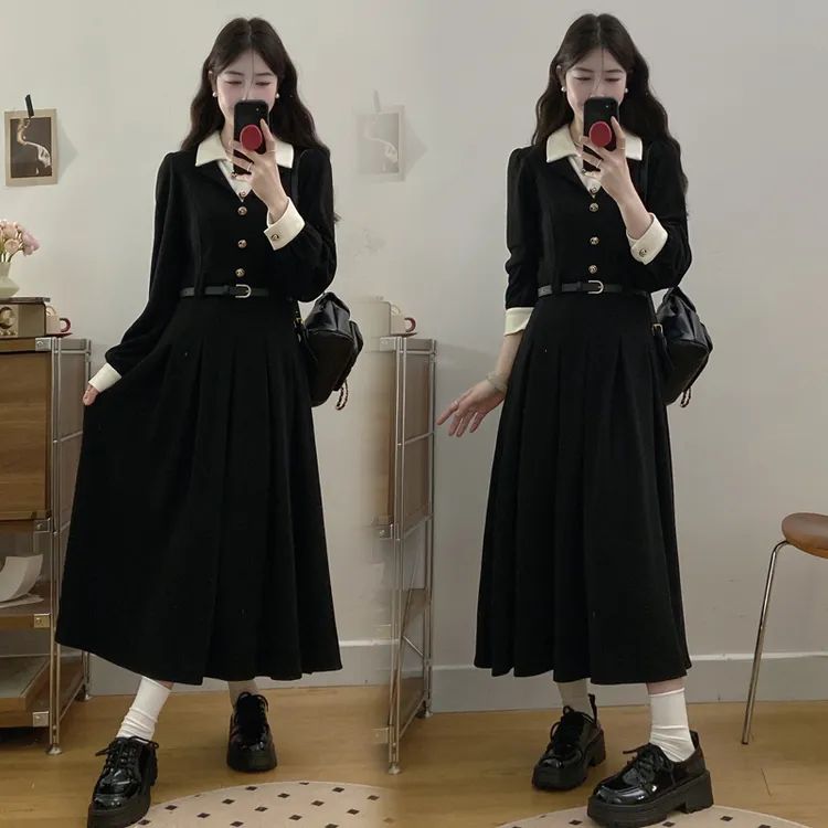 大码胖mm女巴塞旧事秋冬法式小香风黑色假两件长袖连衣裙高级感
