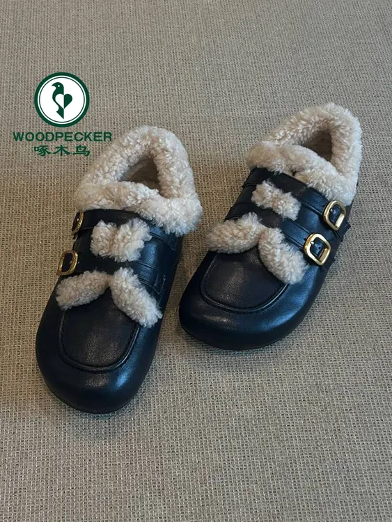 啄木鸟2025秋冬新款复古圆头加绒保暖毛毛厚底内增高勃肯鞋女