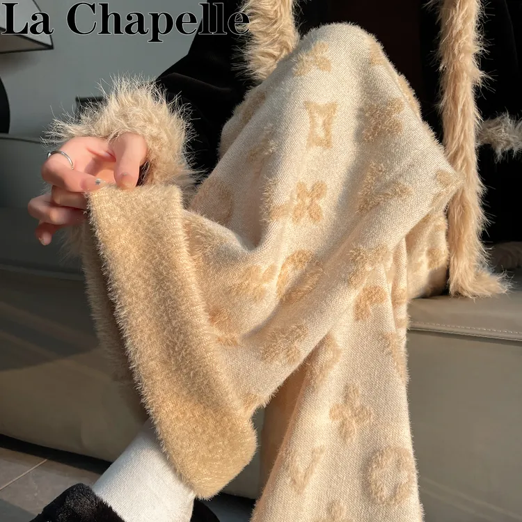 拉夏贝尔加绒保暖提花针织阔腿裤女秋冬垂感软糯高腰休闲拖地裤子