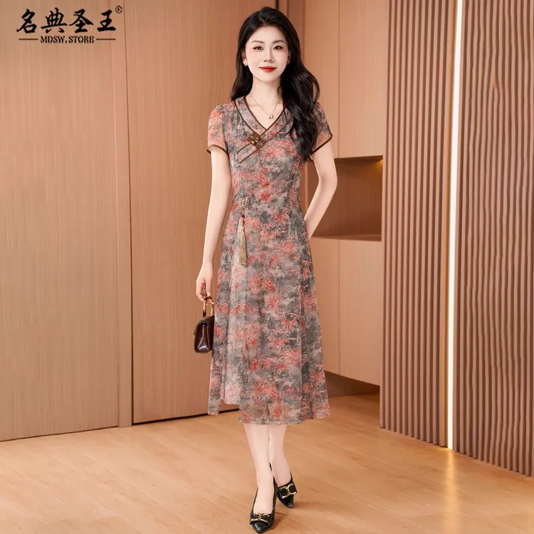 雪纺连衣裙女夏季2025新款轻奢高级感中年小个子品牌高端气质妈妈
