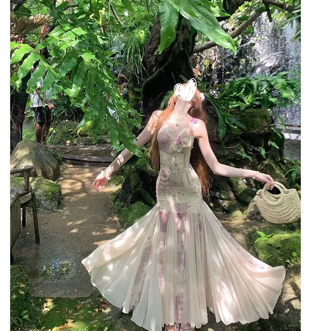 花开半夏”法式浪漫花朵修身显瘦气质鱼尾吊带长裙