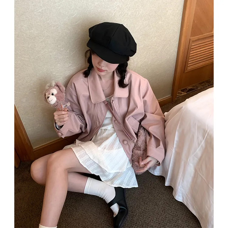秋季复古甜美粉色PU皮衣外套女2025新款独特别致宽松显瘦夹克上衣