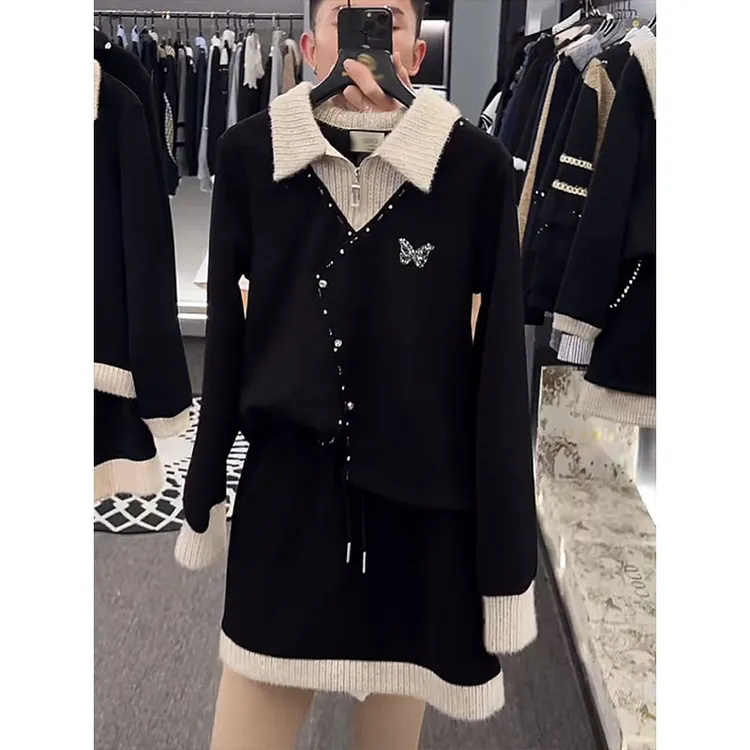 高级感烫钻蝴蝶拼接卫衣+半身裙两件套2025冬季加绒保暖时尚套装