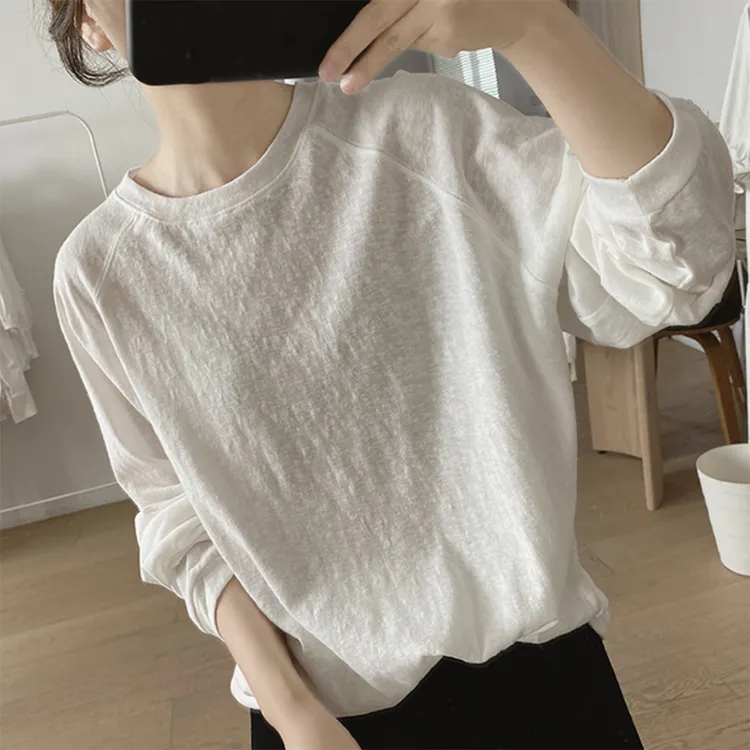 优质雪花棉白色长袖t恤女2025新款宽松新款内搭简约洋气打底上衣