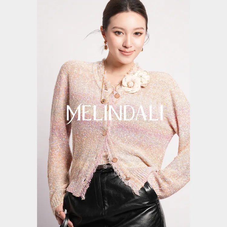 Melinda Li【霓虹小香】定染金葱粉紫渐变花纱流苏针织背心开衫套装