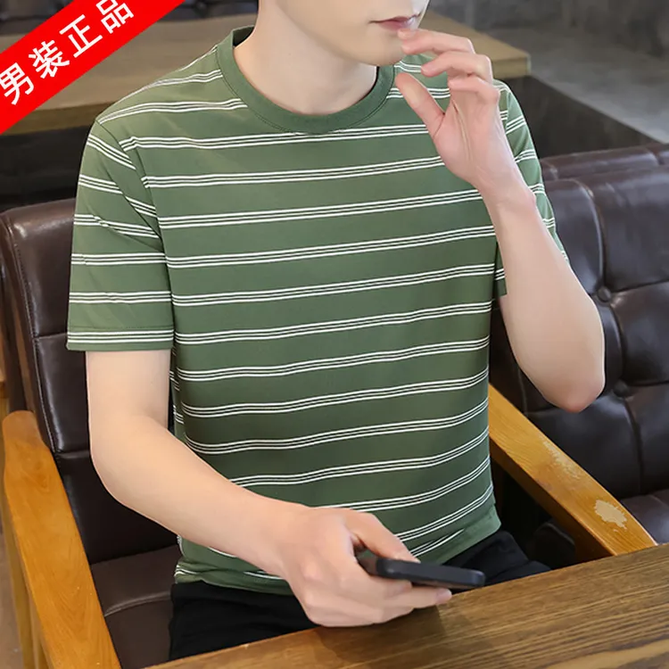夏季新款男士圆领条纹T恤衫中青年时尚休闲体恤潮款半袖透气薄款