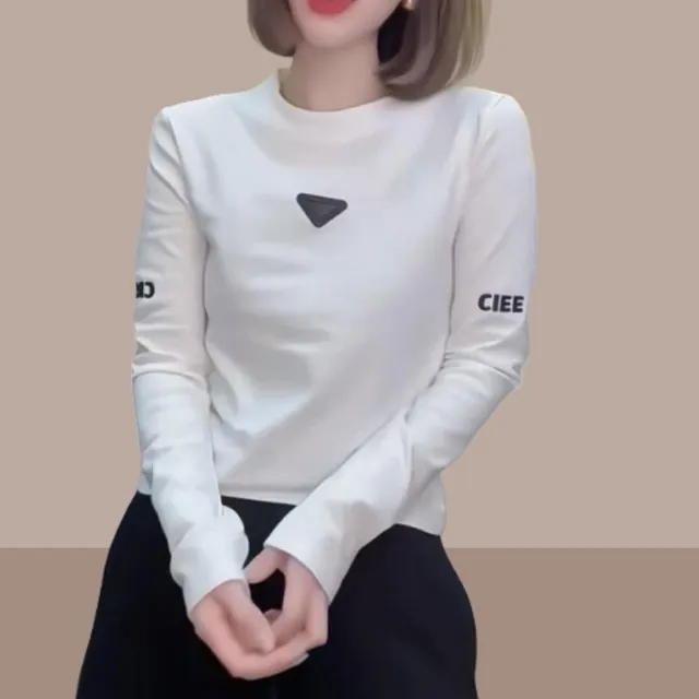 欧货春装新款白色圆领字母刺绣长袖T恤上衣女百搭三角标打底衫女