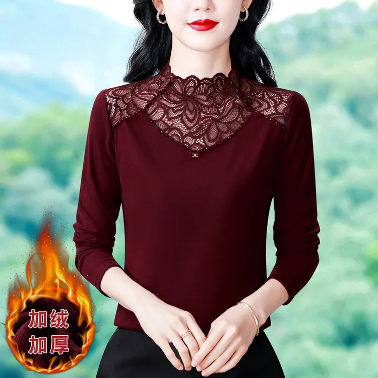2025半高领蕾丝拼接双面绒打底衫女秋冬洋气小衫修身显瘦上衣9241