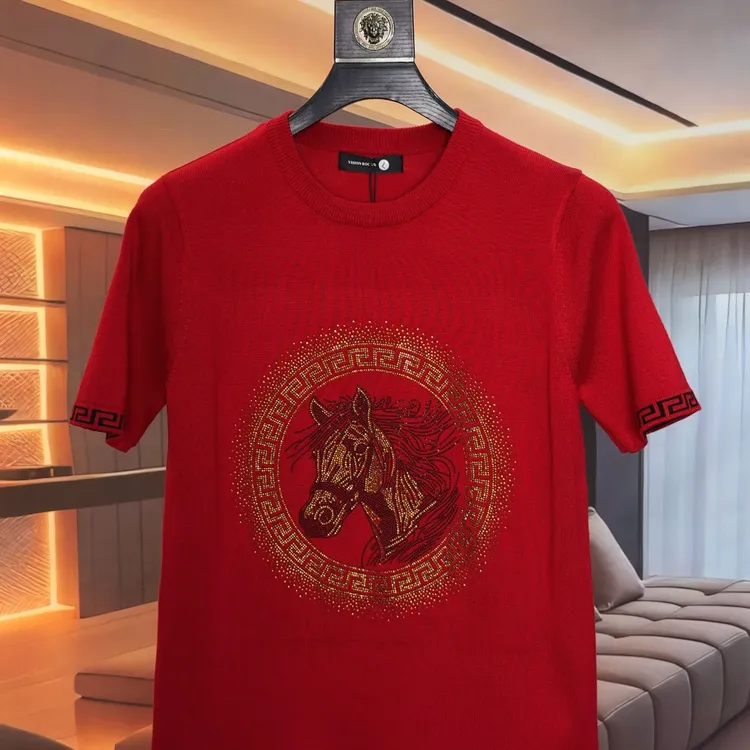 【新年必入】马到成功男士本命年圆领针织短袖简约休闲烫钻T恤