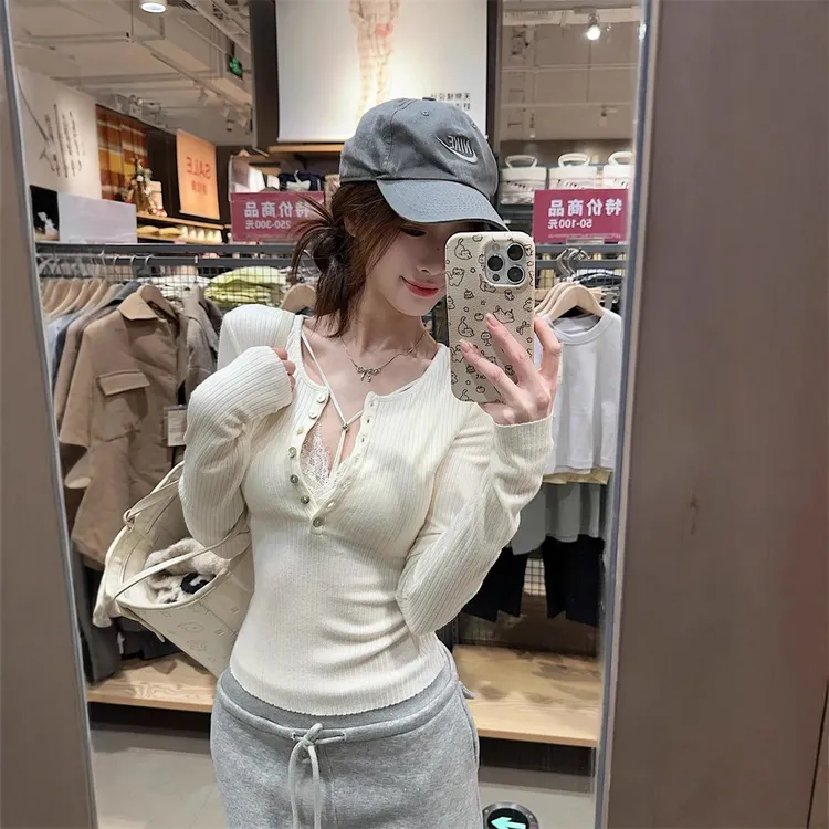 实拍~红色圣诞穿搭针织打底衫女秋冬蕾丝吊带显瘦纯欲套装女装