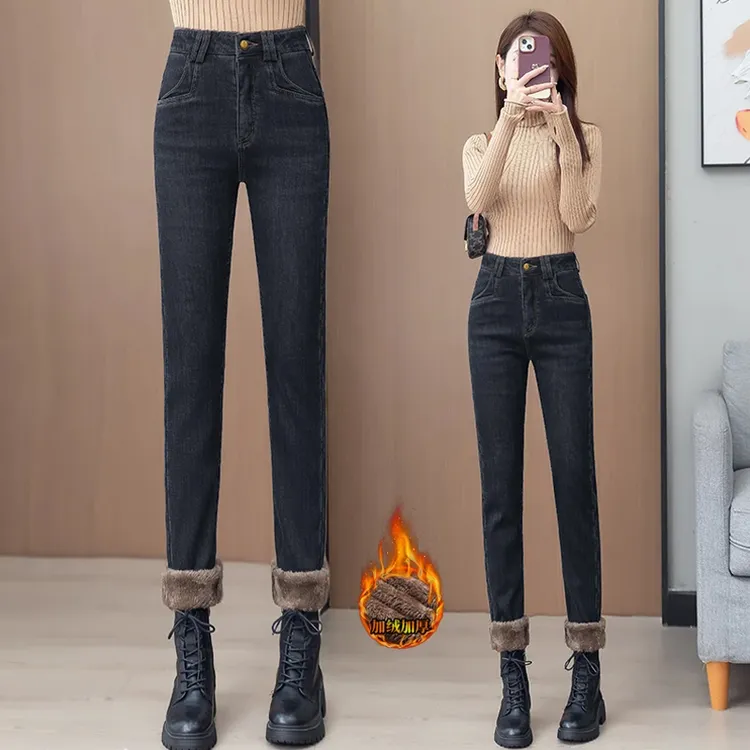 2025新款秋冬季窄版高腰复古弹力显瘦百搭休闲加绒加厚保暖牛仔裤