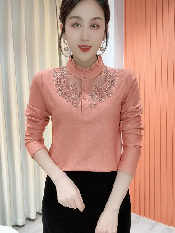 2025冬季新款半高领蕾丝气质百搭长袖减龄加绒打底衫上衣女857