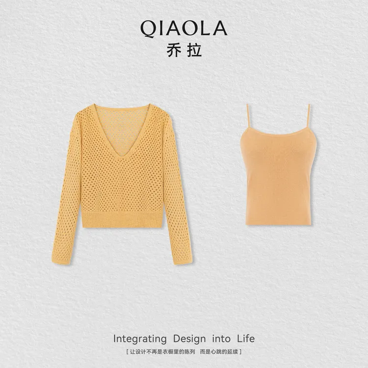 QIAOLA/乔拉【芒果可可】秋季羊毛针织镂空设计上衣