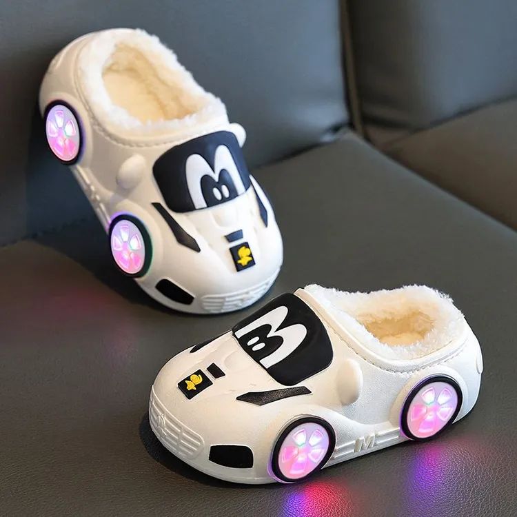 新疆西藏包邮儿童发光棉拖鞋男童防水防滑卡通汽车秋冬季室内小孩