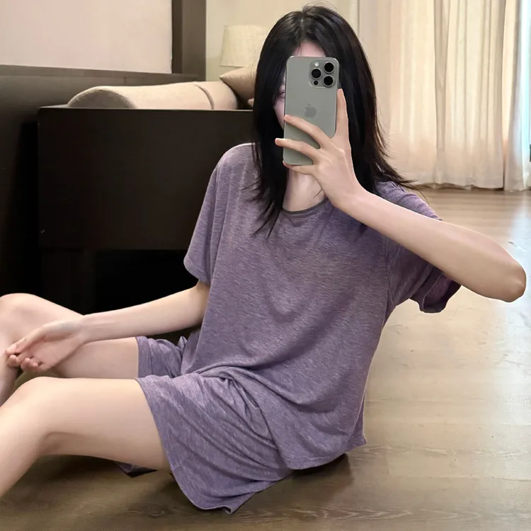 OUFENLAI带胸垫夏季睡衣套装短袖短裤套头家居服二件套薄款亲肤可