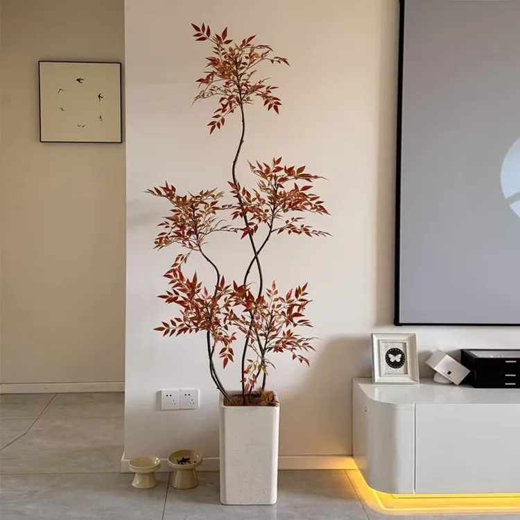 海虹景品红色南天竹大件假摆件客厅装饰落地大型盆栽仿真绿植植物