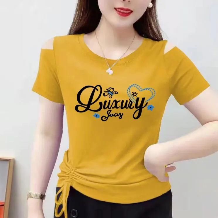 2025春夏季新款圆领短袖T恤女装绑带洋气修身体恤打底衫正肩上衣