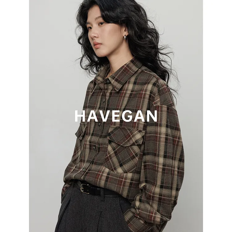 与间HAVEGAN/冬季复古圣诞格纹磨毛衬衫女老钱风叠穿高级休闲上衣