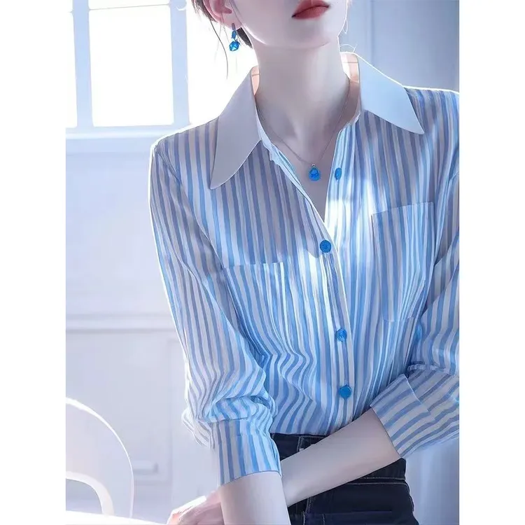 爆款蓝色条纹衬衫女经典早春新款法式气质衬衣女款洋气薄款夏季