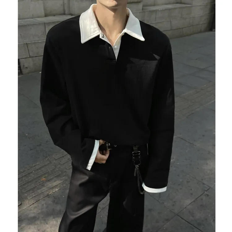 美式痞帅老钱风假两件卫衣男款春秋季翻领拼色高级感重磅长袖上衣