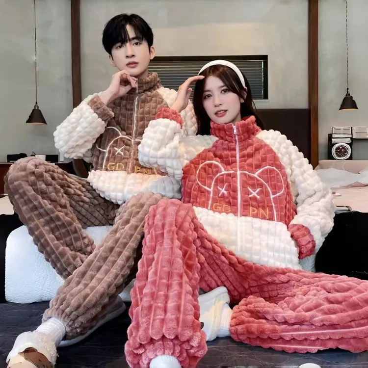 情侣款套装冬季睡衣加绒加厚宽松甜美套装家居服可外穿毛绒睡衣