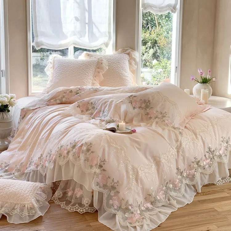 馥郁繁花-轻奢法式花边全棉床裙四件套贡缎长绒棉四件套民宿网红