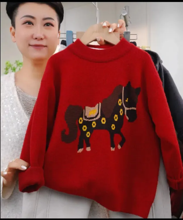 【马上有钱】不起球亲子款刺绣小马新年加厚红色毛衣