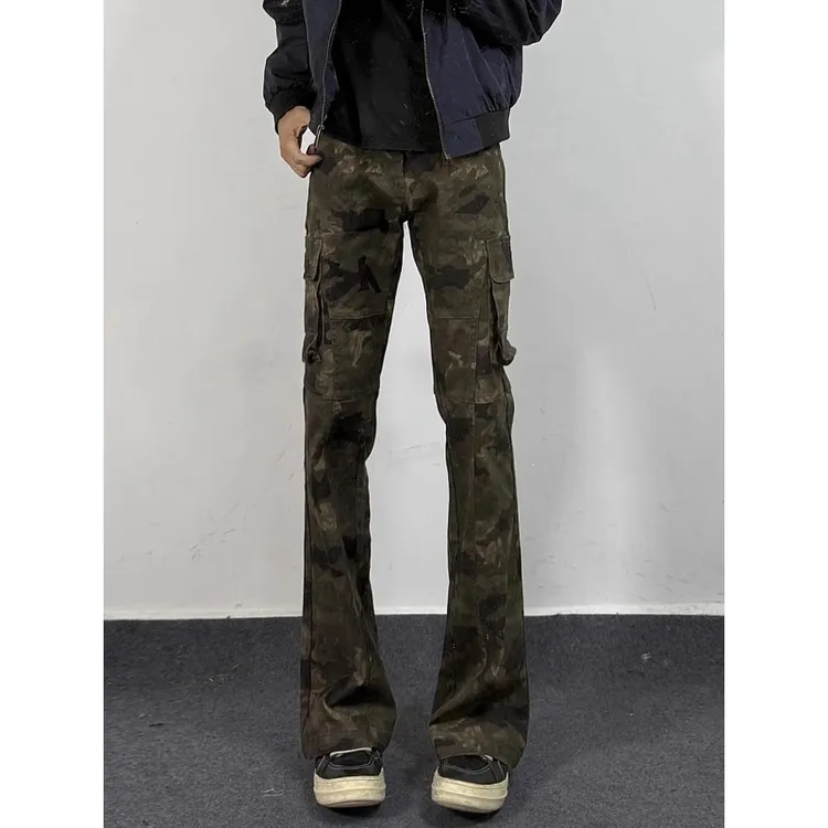 美式高街迷彩微喇牛仔裤男款秋季修身直筒裤子高个子显腿长工装裤