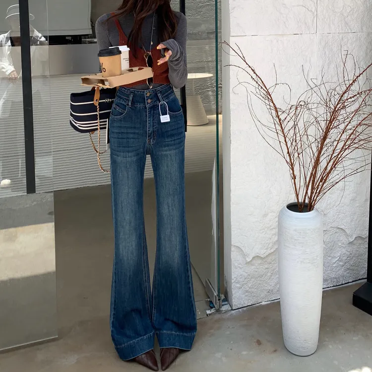 高腰微喇牛仔裤女宽松弹力不贴腿百搭秋冬喇叭长裤7233