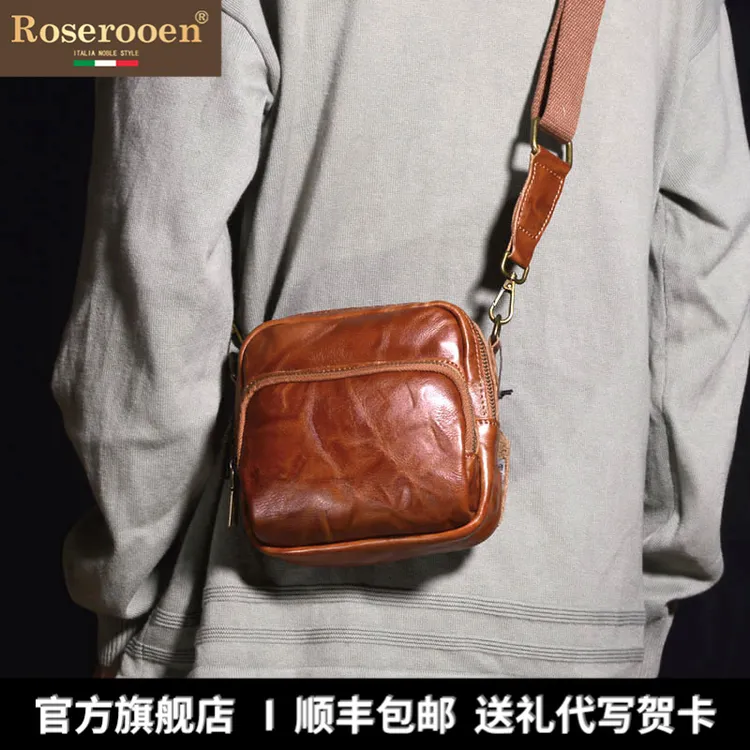 Roserooen男士休闲真皮小方包单肩斜挎包头层植鞣牛皮日系复古小