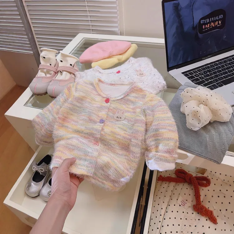 女童毛衣春秋款2025新款洋气时髦开衫百搭时尚彩色毛毛上衣潮舒服